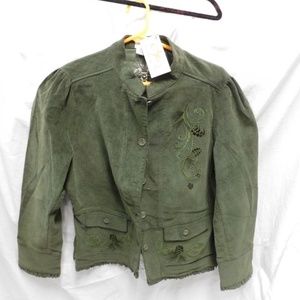 Brand New Artisan's Green Corduroy Button-Down Jacket (Unisex) with Embroidery